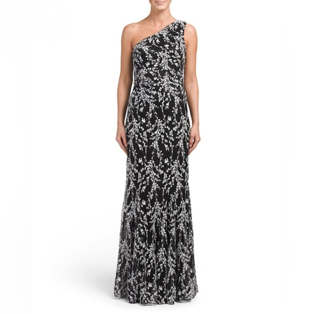 David Meister One Shoulder Floral Embroidered Gown